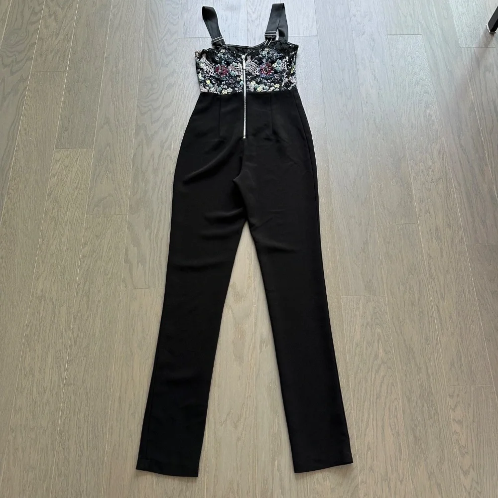 Bronx and Banco Annabell Sequined Sequin Floral Jumpsuit Black Bustier SMALL - Picture 3 of 12